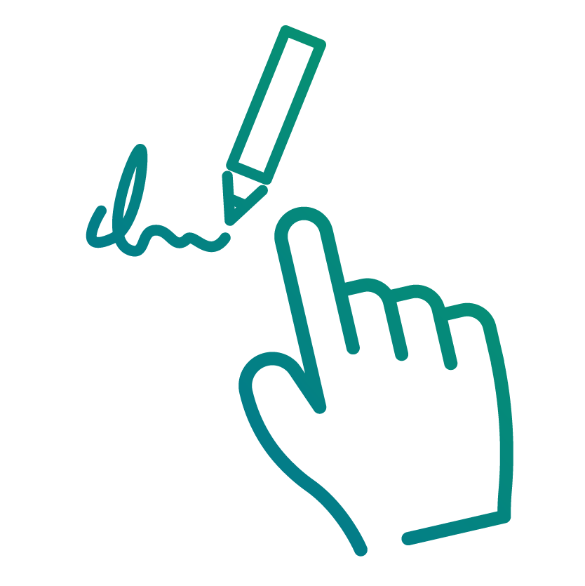 Icon eines Hand, wobei der Ringfinger auf eine eine Signatur mit Stift als Symbol für digitale Unterschrift tippt
