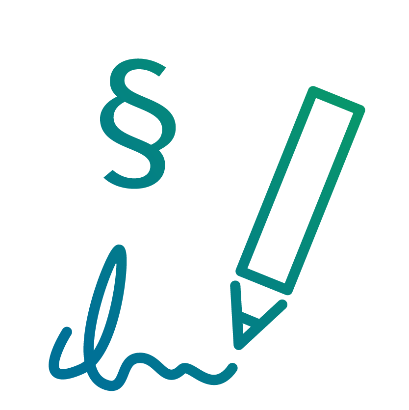 Icon einer Signatur mit Stift und Paragraphenzeichzen als Abbildung für eine rechtssichere digitale Unterschrift