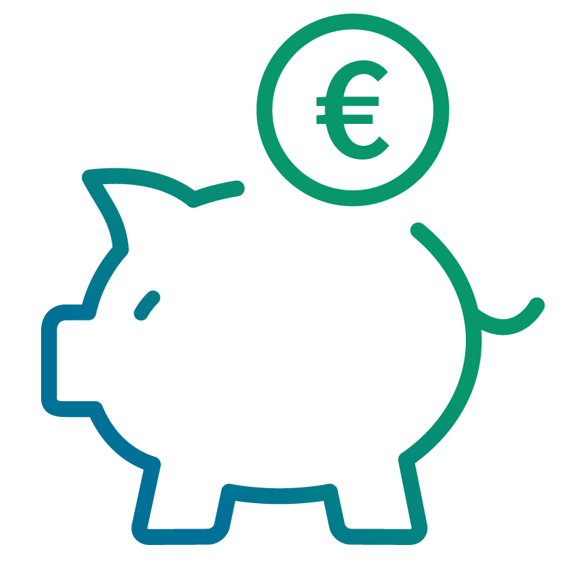 Ichon eines Sparschweins mit einer Euromünze zur Darstellung von Sparpotenzial und kalkulierbare Kosten im Bereich Dokumentenmanagement in der Cloud und OnPrem und Dokumentenarchivierung