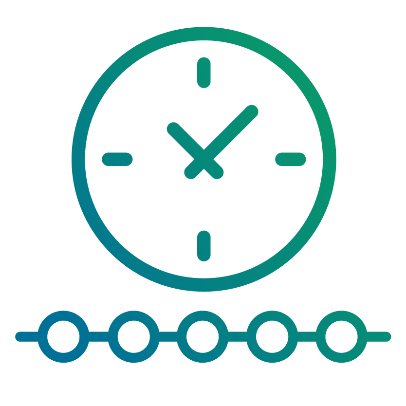 Icon einer Uhr, die elf Uhr anzeigt und eine Linie mit Kreisen als Darstellung für eine chronologische Reihenfolge