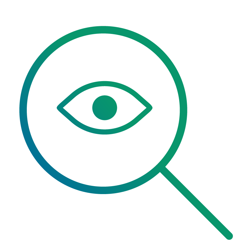 Icon mit einer Lupte und in der Mitte ein Auge als Symbol für schnelles Wiederfinden von Rechnungen durch digitale Eingangsrechnungsverarbeitung