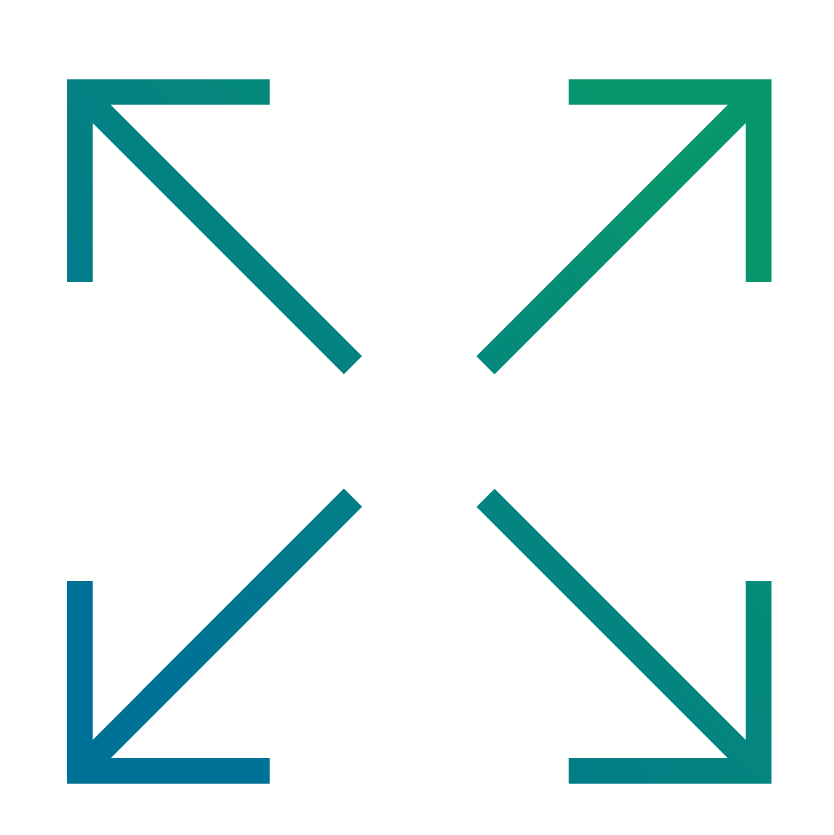 Ichon mit vier Pfeilen, wovon jeder in eine andere Ecke zeigt als Symbol für Verteilung und Skalierbarkeit in den Bereichen Outputmanagement und Dokumentenmanagement