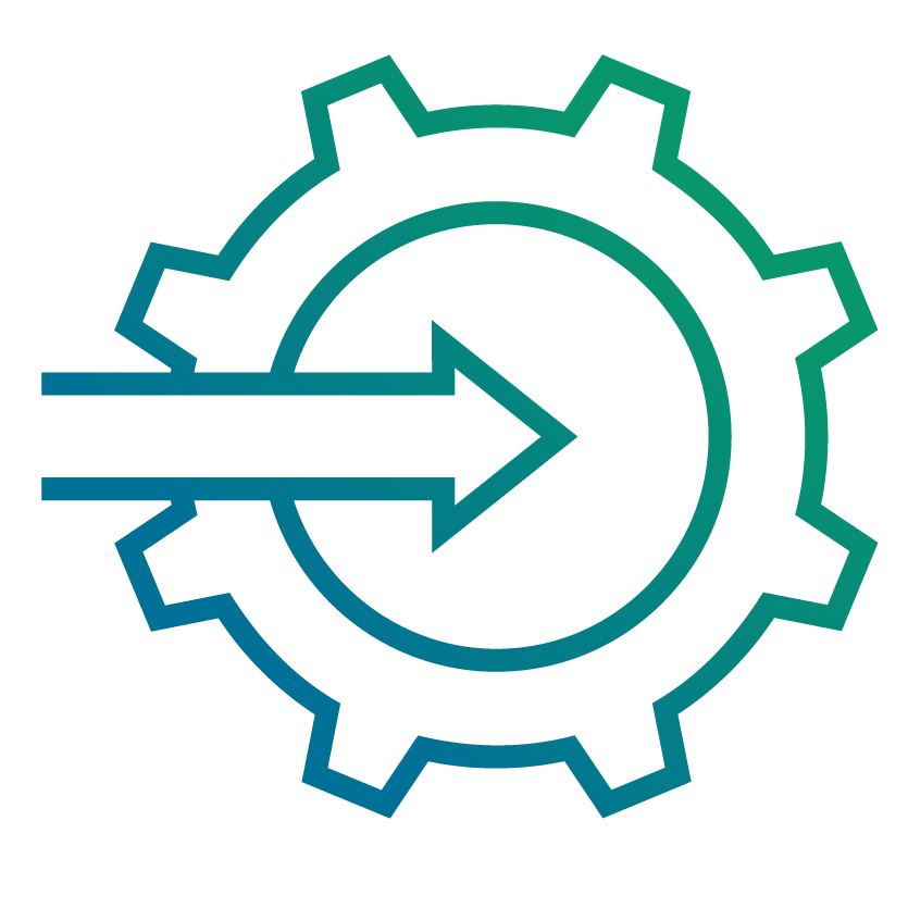 Icon eines Zahnrades mit einm Pfeil zur Darstellung von flexiblen Anbinde- und Integrationsmöglichkeiten von Systemen im Bereich Dokumentenmanagement