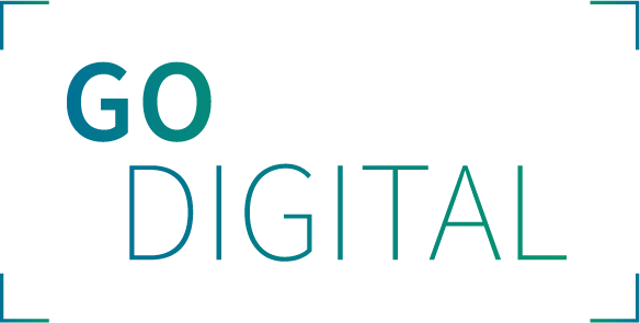 Schriftzug in Großbuchstaben Go Digital in grün blauem Verlauf welches auf ein Projekt im Rahmen der Digitalisierungsberatung hinweist